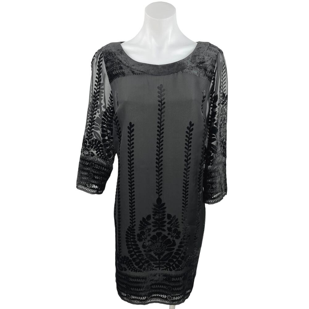 Marks & Spencer Women's Black Floral Boat Neck 3/4 Sleeve Mini Shift Dress Sz 10